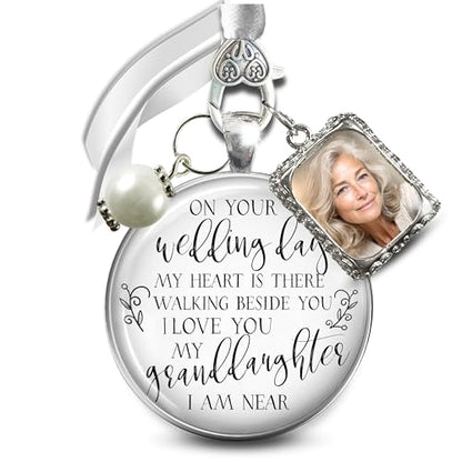Gutsy Goodness Bouquet Charm On Your Wedding Day Memorial Honoring Mom Dad Grandma Grandpa Meaningful Bridal Floral Jewelry Silver Finish Pendant Bride's Flowers Photo Frames Parent Grandparent - color: White Bead, style: My Granddaughter | 1 Frame