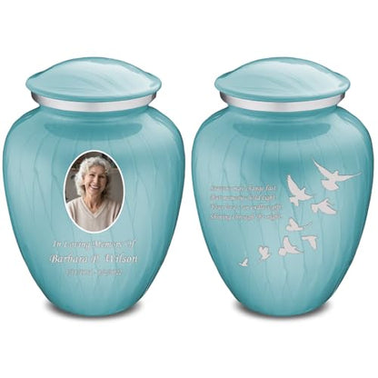 Geturns Embrace Adult Personalized Doves Cremation Urns for Human Ashes I Large Picture Pearl Light Blue Funeral Urn for Adult Men and Women with Double Side Engraving I 200 lbs - color: _Pearl Light Blue (Double Sided)