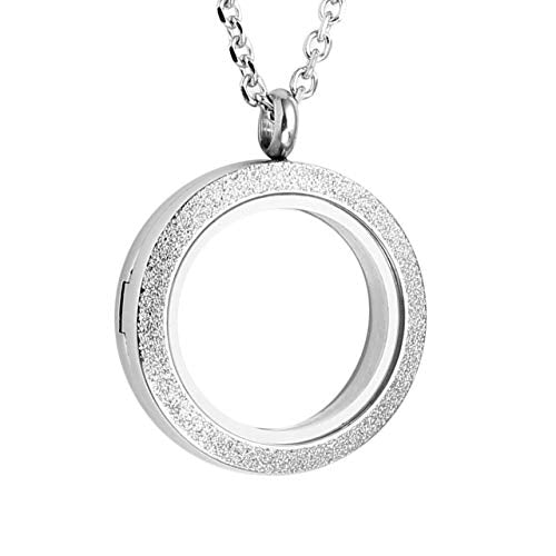 Zysta Silver Round Locket Pendant Necklace 30mm Glossy Stainless Steel Clear Glass Living Memory Floating Charms Stone Storage - color: Silver-Glitter Matte-25mm