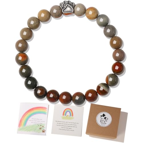 Pet Memorial Gifts for Dogs, Pawprint Beads Sympathy Bracelet in Memory of Dog, Pet Cat Losing Condolences Gift Remembrance Jewelry, Bead Memorial Paw Print Bracelets for Women, Picture J, S - color: Picture Jasper