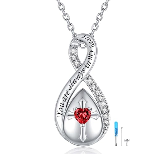 ZOEXUE Infinity Cross Cremation Jewelry - S925 Sterling Silver Cross Urn Necklace for Women - Birthstone Cross with Heart CZ Ashes Keepsake Pendant Memorial Urn Jewelry Gift for A Loss Loved Ones - color: ruby