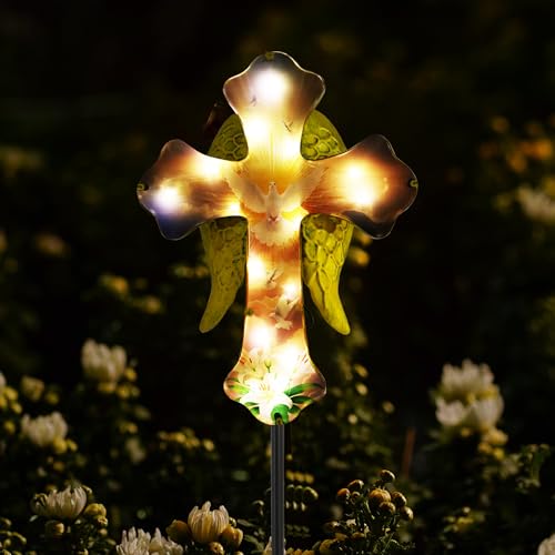 Solar White Dove Cross Iron Garden Stake Light Angel Wing Memorial | Waterproof、Cemetery Use、Easter Decoration、Sympathy Gift - color: Golden Dove