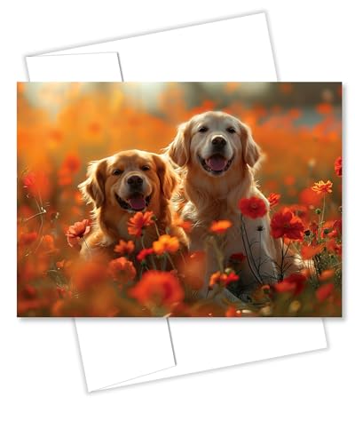Golden Retrievers in Flower Garden All Occasions Greeting Card from Unique Dogs Party Delights Collection Large 5x7 Inch Blank Inside with Envelope - color: Golden Retrievers in Flower Garden