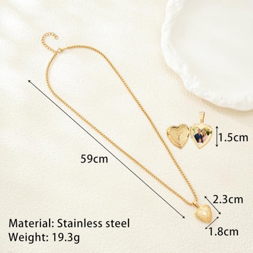 Stainless Steel Photo Locket Necklace for Women, 3mm Box Chain, Personalized Picture Holder Pendant, Waterproof Hypoallergenic Sentimental Jewelry Gift - color: Lace Edge Heart Gold
