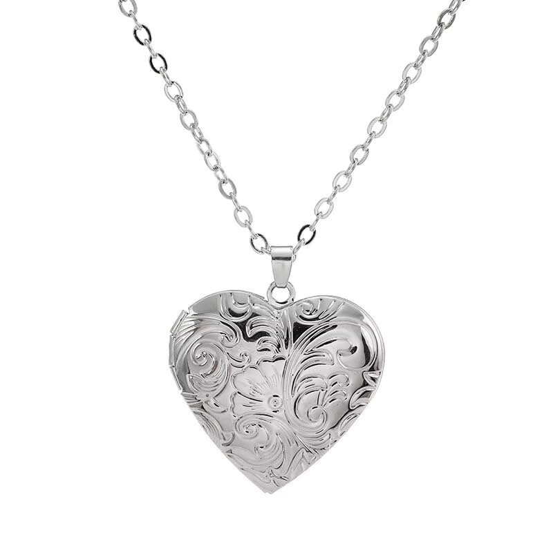 DIY Heart Locket Necklace with Engraved Floral Design, Openable Photo Frame Pendant for Women, Adjustable Chain for Layering（Silve） - color: Silver