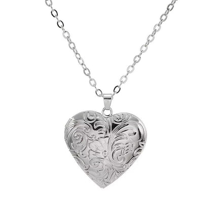 DIY Heart Locket Necklace with Engraved Floral Design, Openable Photo Frame Pendant for Women, Adjustable Chain for Layering（Silve） - color: Silver