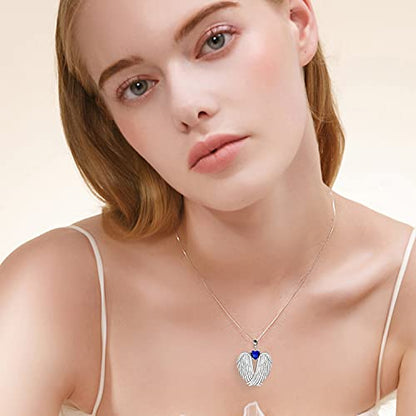 YFN Angel Wings Necklace 925 Sterling Silver Guardian Angel Wings Pendant Necklace Birthstone Necklace for Women Girls Christmas Jewelry Gifts - color: September