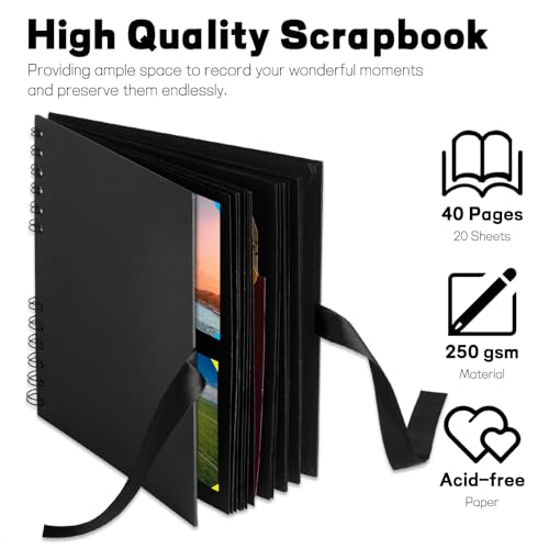 Mauproy 8 x 8 Inch Small Black Scrapbook Album, 40 Pages | Photo Album with Black Pages, Kraft Paper Hardcover Memory Book with DIY Accessories Kit for Birthday, Wedding, Travel - size: 8 x 8 Inches