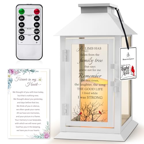 Memorial Lantern Bereavement Gifts in Memory of Loved One - Remembrance Sympathy Gifts for Loss of Mother or Father with LED Candle and Remote - color: Family Tree White