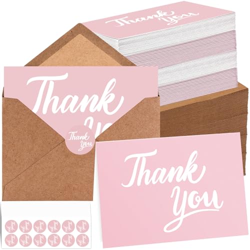 600 Pcs Pink Thank You Cards Bulk with Kraft Envelopes and Stickers 4x6 Inch Blank Thank You Notes Box Set Minimalistic Design for Business Wedding Baby Shower Graduation Bridal Shower Christmas - color: Pink
