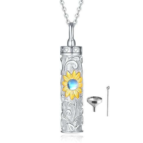 Sterling Silver Flower Tree Life Cremation Urn Necklace for Women - color: Cylin *Sunfl. 1 (GP Mo/St)