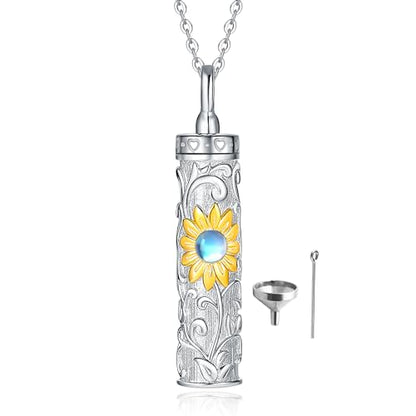 Sterling Silver Flower Tree Life Cremation Urn Necklace for Women - color: Cylin *Sunfl. 1 (GP Mo/St)
