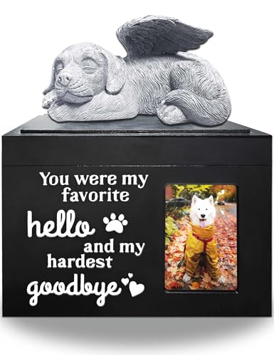 Dog Urns for Ashes Up to 100 lbs, Premium Wooden Pet Urns for Dogs with Memorial Photo Frame and Resin Statue, Dog Urn Sympathy Gift for Both Large Midium Golden Retriever, Labrador, Shepherd