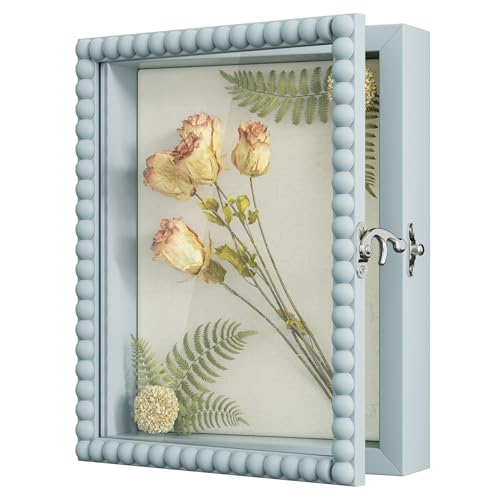 Love-KANKEI Deep Shadow Box Frame 8x10,Unique Solid Wood Beads Frame,Blue | Front-Opening Glass Door，Metal Latch-Lock,Assembly-Free,Tabletop & Wall-Mount,Memory Box,Gift,Display Photos,Awards,Medals - color: Blue, size: 8x10