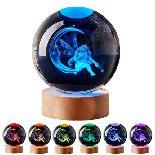 Large Moon&Fairy Crystal Ball Night Light with Woodern Base, 3D Fairy Crystal Lamp 16 Color Changing with Remote Control, Laser Engraved Fairy Glass Ball Lamp, Room Decor (Moon&Fairy) - style: Moon&Fairy