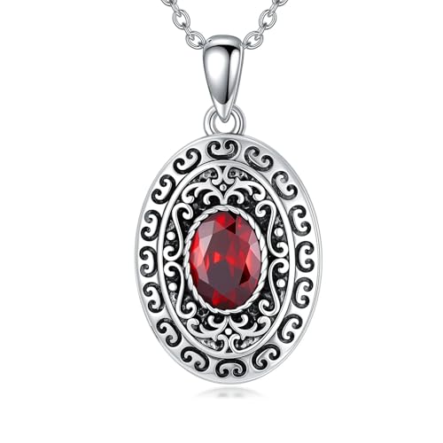 Vintage Engraved Flower Photo Locket Necklace for Women Sterling Silver Personalized Ruby Photo Necklace Gift for Grandma Mom Her