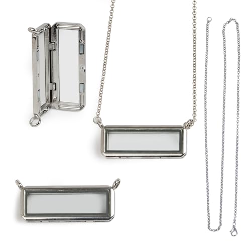18 Inch Rectangle Glass Floating Living Memory Charms Locket, Single/Double Ring Alloy Pendant Necklace Link Chain Jewelry for Women - color: Silver, size: Double Ring