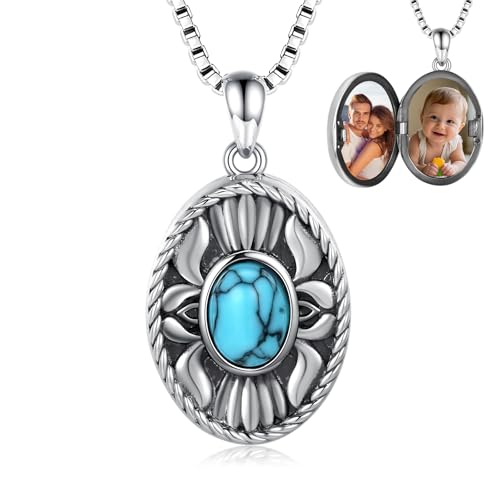 925 Sterling Silver Oval Turquoise Lockets Pendant that Holds Pictures Vintage Jewelry Memorial Gifts for Women - style: Flower-2