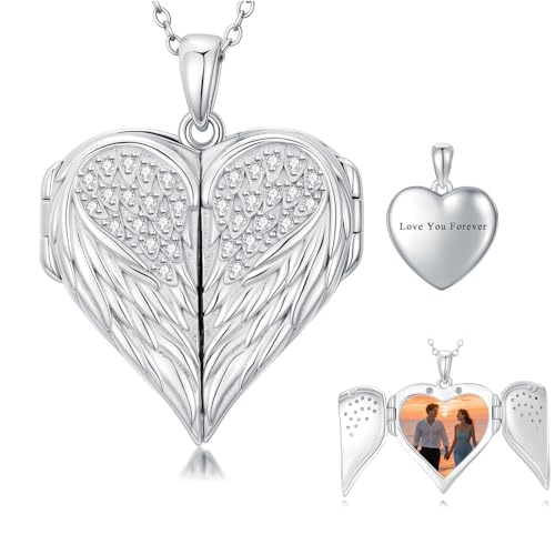 Dorunmo Personalized Heart Locket Necklace That Holds 2 Picture 925 Sterling Silver Custom Lockets Pendant Memorial Jewelry Gifts for Mom Sisters - color: Angel Wings, style: Personalized-Photo+Text