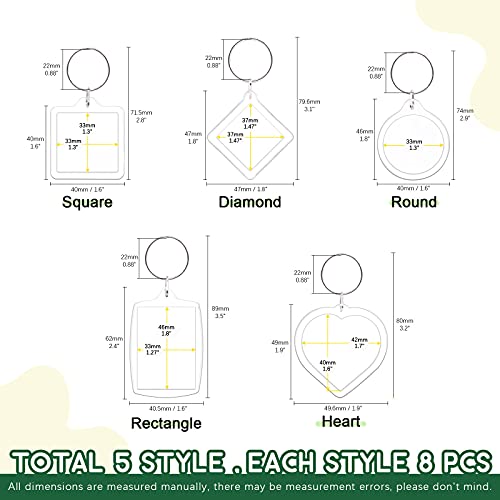 Keadic 40 Pcs Acrylic Photo Frame Keyring Assortment Set, Pendant Picture Frame Keyrings, Personalized Clear Blank Photo Keychain Holder, Heart, Rectangle, Round, Square Suit for Artwork