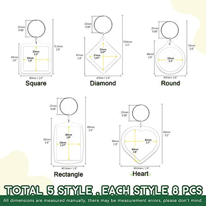 Keadic 40 Pcs Acrylic Photo Frame Keyring Assortment Set, Pendant Picture Frame Keyrings, Personalized Clear Blank Photo Keychain Holder, Heart, Rectangle, Round, Square Suit for Artwork