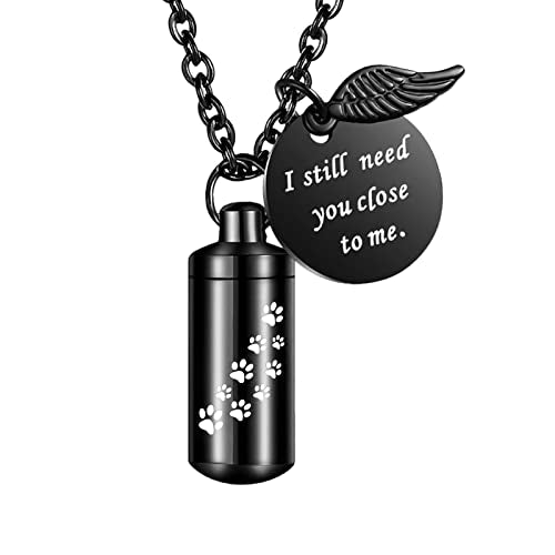 Dletay Cylinder Cremation Jewelry Urn Necklace for Ashes Memorial Ashes Necklace with Angel Wing Charm Memorial Keepsake for Pet Human-I Still Need You Close to Me - color: Paw Black-S