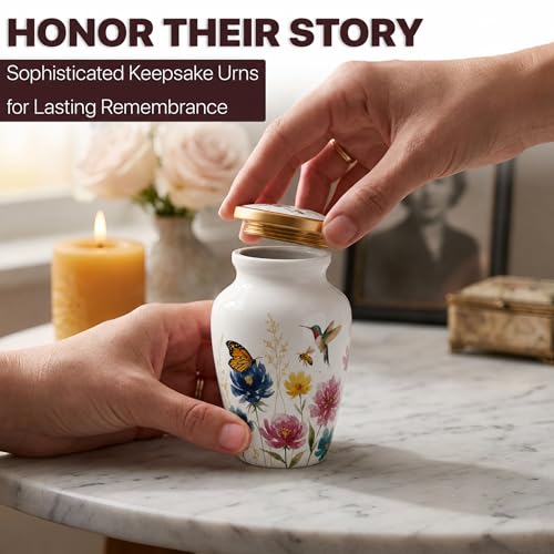 White Flower Keepsake Mini Urn for Human Ashes Adult Male & Female Funeral & Cremation Small Urn for Human Ashes Keepsake & 1 Ash Necklace for Men & Women - color: White Flower Mini Keepsake