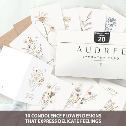 20 Pcs Sympathy Cards with Envelopes and Thoughtful Messages (4"x6") - Wildflowers Watercolor Condolences Cards - Bereavement Cards Set with Envelopes and Matching Stickers - Sympathy Cards Bulk | Thoughtful Messages, Wildflowers Watercolor Condolences &