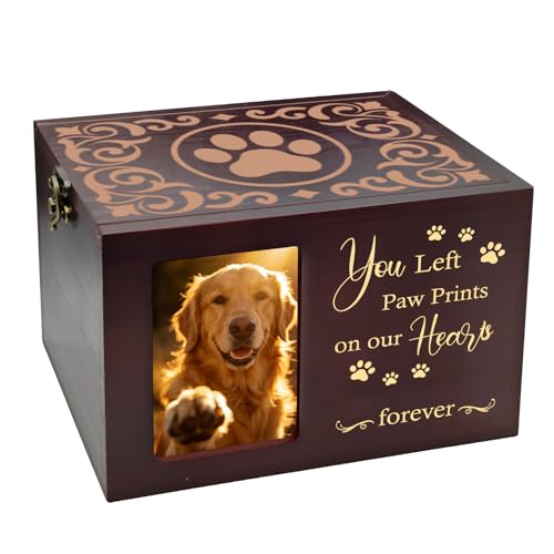 Pet Urns for Dog or Cat Ashes, Wooden Dog Urn for Ashes Memorial Keepsake Box with Photo Frame, Large Pet Cremation Urn with Flannel Lining, Loss Pets Remembrance Gift (Paw Print) - color: Pattern Footprints-brown, size: Medium