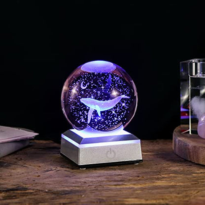 3D Engraved Whale Crystal Ball Whale Gifts, with Silver LED Base 3.15'' - color: Whale