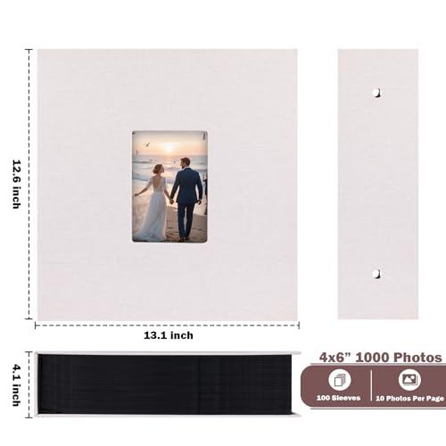 Ruibytree Extra Large Capacity Photo Album 4x6 Pictures 1000 Pockets, Beige | Linen Cover, Horizontal & Vertical 4x6 Photos, Removable Acid-Free Pages, Front Display Window, for Family, Wedding & Travel - color: Beige
