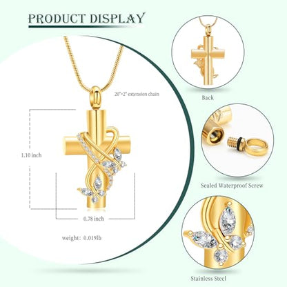 Butterfly Cross Cremation Jewelry Urn Necklaces Stainless Steel Cross Urn Necklaces for Ashes Memorial Keepsake Pendant for Women Gifts With Funnel Kit & Bag - color: Gold+White