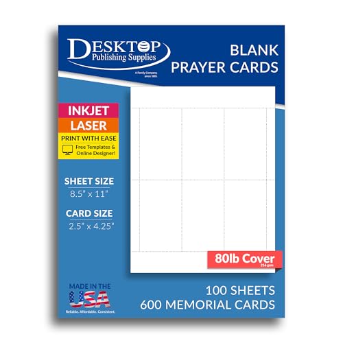 Printable Blank Memorial Cards for Funeral - 600 Prayer Cards (100 Sheets) - Thick 80lb Cover (White Matte Finish) - For Inkjet & Laser Printers - Quality Keepsake for Celebration of Life