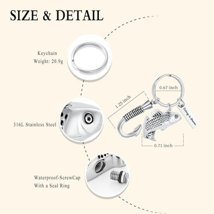 Oinsi Fishing Hook Urn Necklace for Ashes Fish Cremation Jewelry Memorial Ashes Keepsake Stainless Steel Urn Keychain for Men-Silver