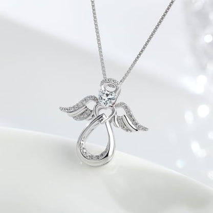 925 Sterling Silver Guardian Angel Pendant Necklace for Women with Birthstone Cubic Zirconia Little Angel Pendant Necklace Jewelry 18 inch Chain - color: 04-April-White