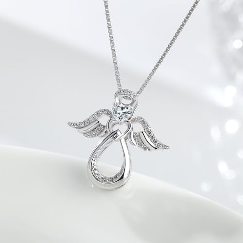 925 Sterling Silver Guardian Angel Pendant Necklace for Women with Birthstone Cubic Zirconia Little Angel Pendant Necklace Jewelry 18 inch Chain - color: 04-April-White