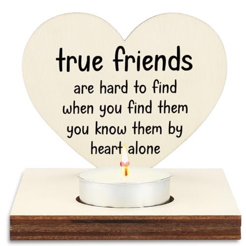Heart Shaped Wooden Tealight Candle Holder with Quote True Friends are Hard to Find Memorial Friends Appreciation Gifts, Long Distance Friends, Birthday, Farewell, Christmas Decoration SLZ24 - color: Distance