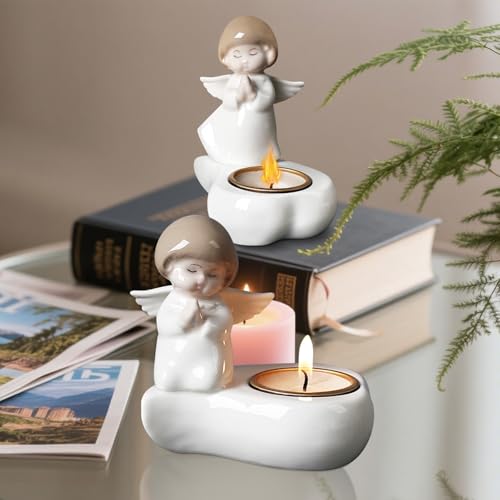 Tealight Candle Holder, Ceramic Angel Candle Holder for Table Display, Decorative Candle Sticks Holder, Tea Light Holder Gift for Party, Thanksgiving & Housewarming (Candle not Included)