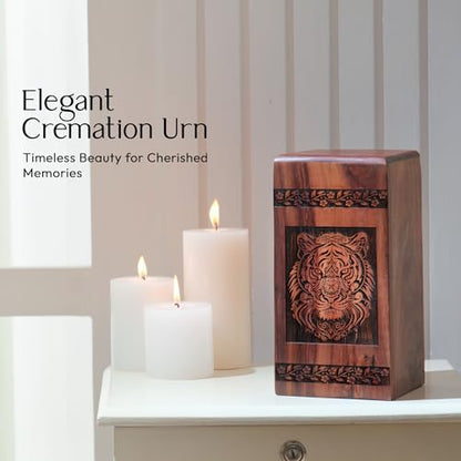 Tiger Cremation Urns 10 Inch, Decorative Wooden Urn for Human Adult Ashes