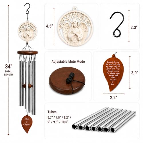Angel Memorial Wind Chimes for Loss of Loved One with Sympathy Card & Journal | Angel windchimes in Memory of a Loved one | Sympathy Gifts for Loss of Mother/Dad/Husband | Bereavement Gifts | 34"