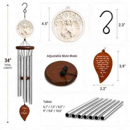 Angel Memorial Wind Chimes for Loss of Loved One with Sympathy Card & Journal | Angel windchimes in Memory of a Loved one | Sympathy Gifts for Loss of Mother/Dad/Husband | Bereavement Gifts | 34"