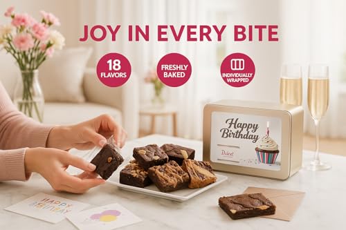 Birthday Gift For Women, Birthday Gift Basket - 18 Individually Wrapped Brownies Freshly Baked in a Variety of Flavors - Dulcet's Signature Flavored Fudge Brownies - Gift Box Comes with Happy Birthday Card - style: Birthday