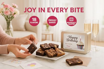 Birthday Gift For Women, Birthday Gift Basket - 18 Individually Wrapped Brownies Freshly Baked in a Variety of Flavors - Dulcet's Signature Flavored Fudge Brownies - Gift Box Comes with Happy Birthday Card - style: Birthday