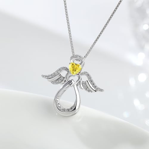 925 Sterling Silver Guardian Angel Pendant Necklace for Women with Birthstone Cubic Zirconia Little Angel Pendant Necklace Jewelry 18 inch Chain - color: 11-Nov-Citrine