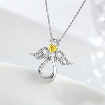 925 Sterling Silver Guardian Angel Pendant Necklace for Women with Birthstone Cubic Zirconia Little Angel Pendant Necklace Jewelry 18 inch Chain - color: 11-Nov-Citrine