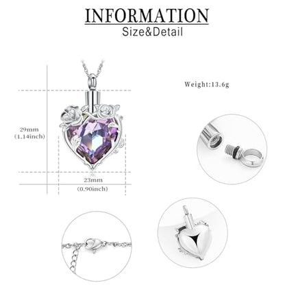 Cremation Jewelry for Ashes Rose Flower Urn Necklace with Crystal Heart Ashes Pendant Butterfly Necklaces for Women Men Memorial Keepsake Jewelry Gift - color: SilverB-purple