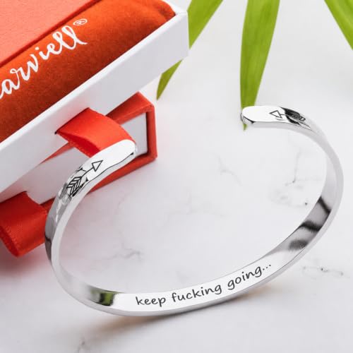 Bracelets for Women – 100+ Meaningful Engraved Messages – Solid 316L Surgical Stainless Steel Cuff Bracelet – Gift Ready - color: BADASS GIFT - Keep f##king going