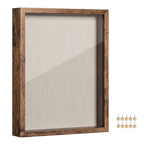 SONGMICS 11x14 Shadow Box Frame, Top Loading Display Case Frame , Glass Front with Top Slot and Push Pins, Linen Fabric Backing for DIY Craft, Gift Idea,Rustic Brown URPF009KD01 - color: Rustic Brown, size: 11 x 14"