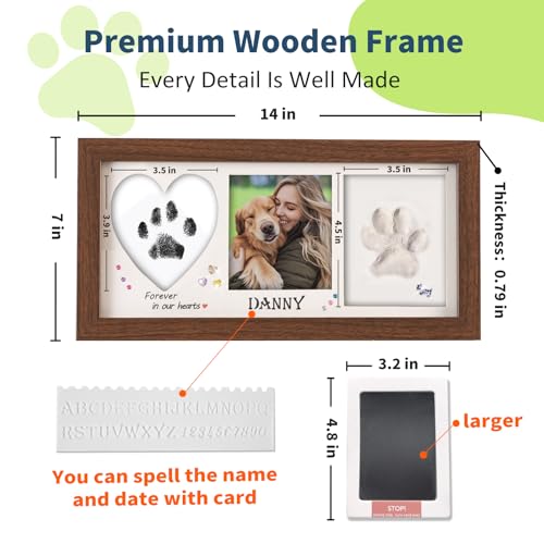 Pet Paw Print Frame Kit with Inkless Pad & Air-Dry Clay, Wooden Memorial Keepsake with Shatterproof Plexiglass for Dogs & Cats - color: brown