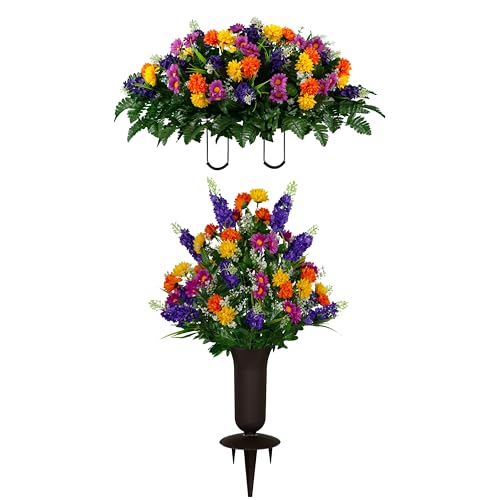 Sympathy Silks Artificial Flowers for Cemeteries - Realistic Grave Decorations - Purple, Violet, and Yellow Wildflower Mix - Saddle with (1) Bouquet and (1) Vase - color: Purple Violet, size: Saddle-1 Bouquet & Vase